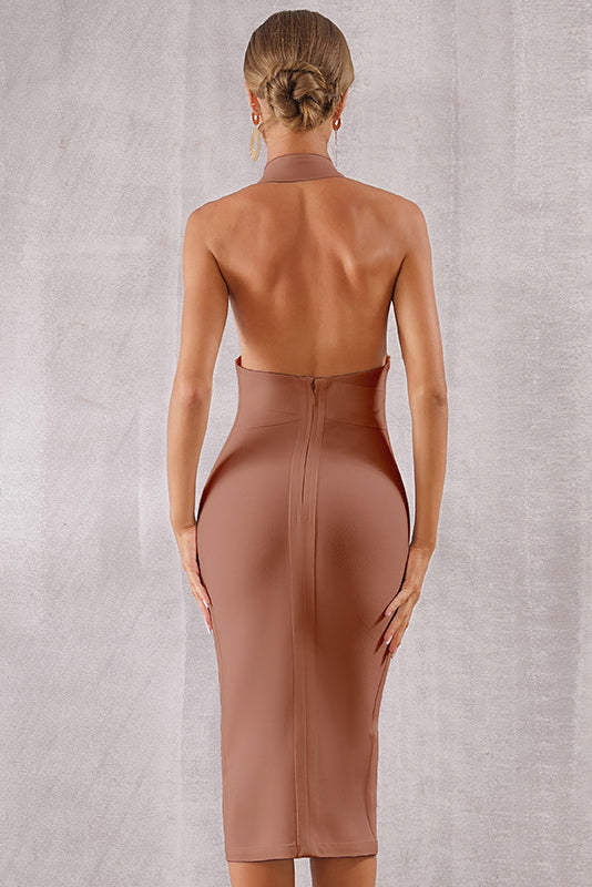 Plunge V-Neck Halter Bodycon Bandage Midi Dress