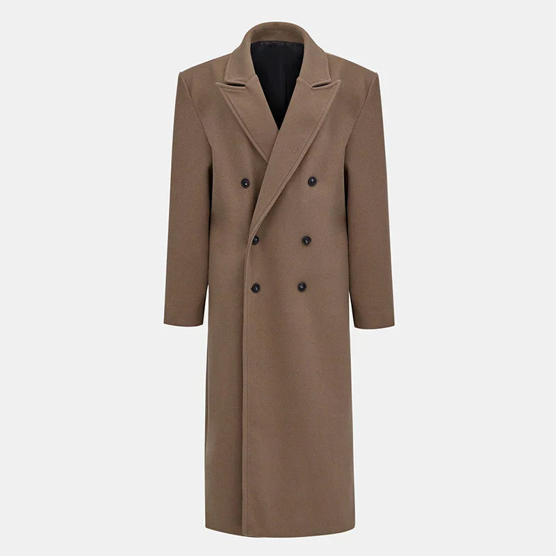 Lapel Woolen Double-Breasted Shoulder Pad Overcoat