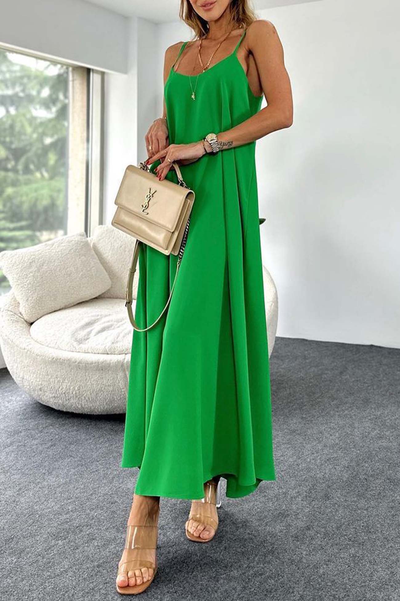 Solid Color A-Line Sleeveless Midi Dress