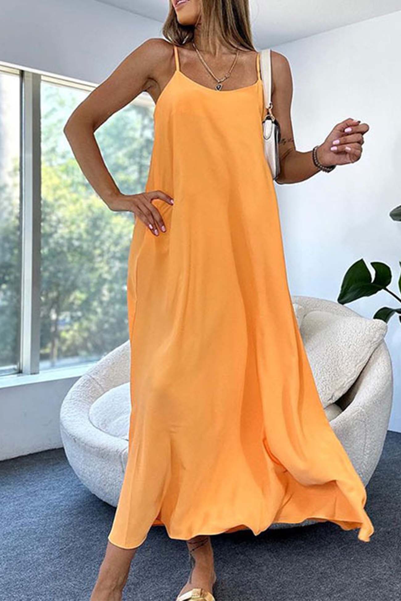 Solid Color A-Line Sleeveless Midi Dress