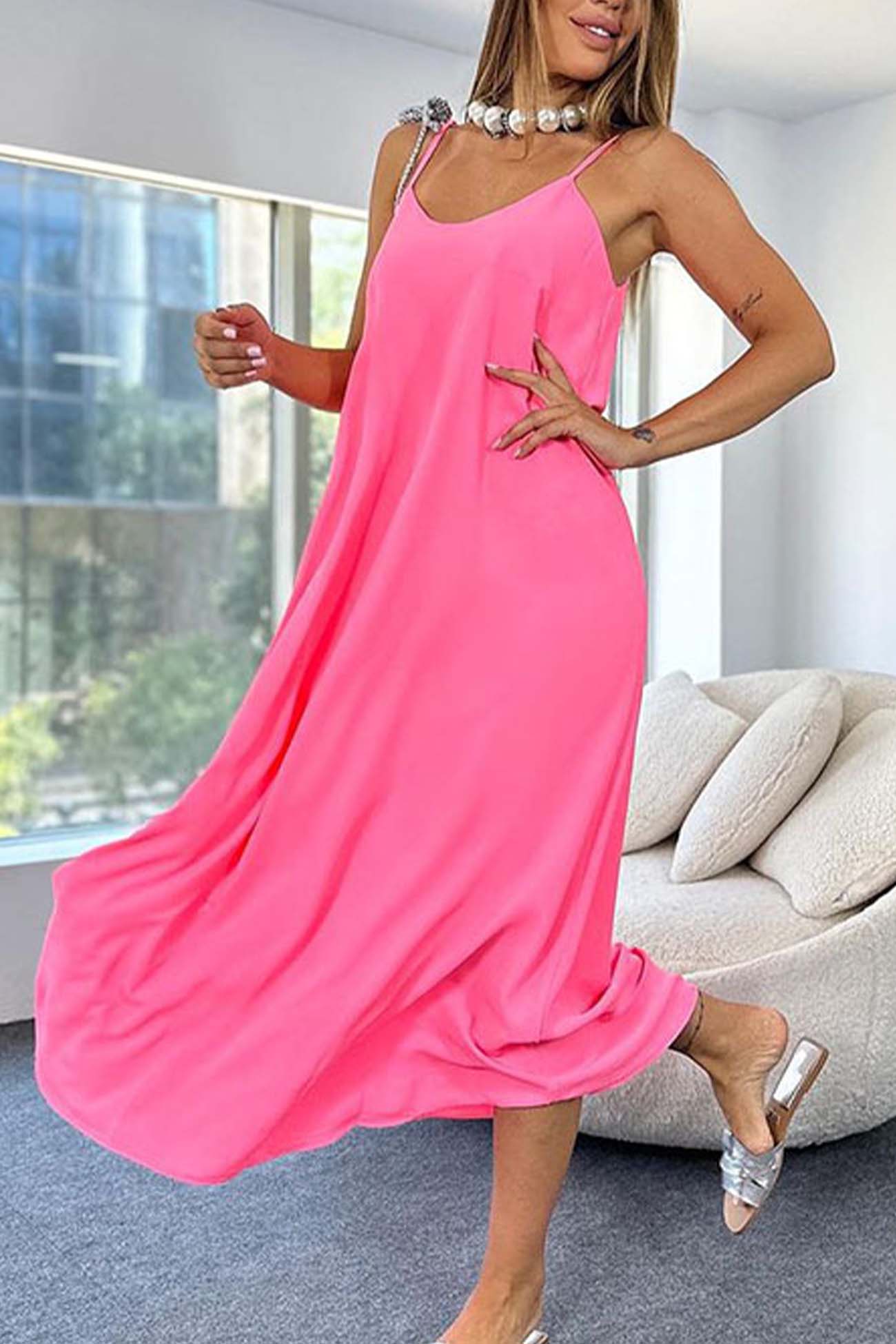 Solid Color A-Line Sleeveless Midi Dress