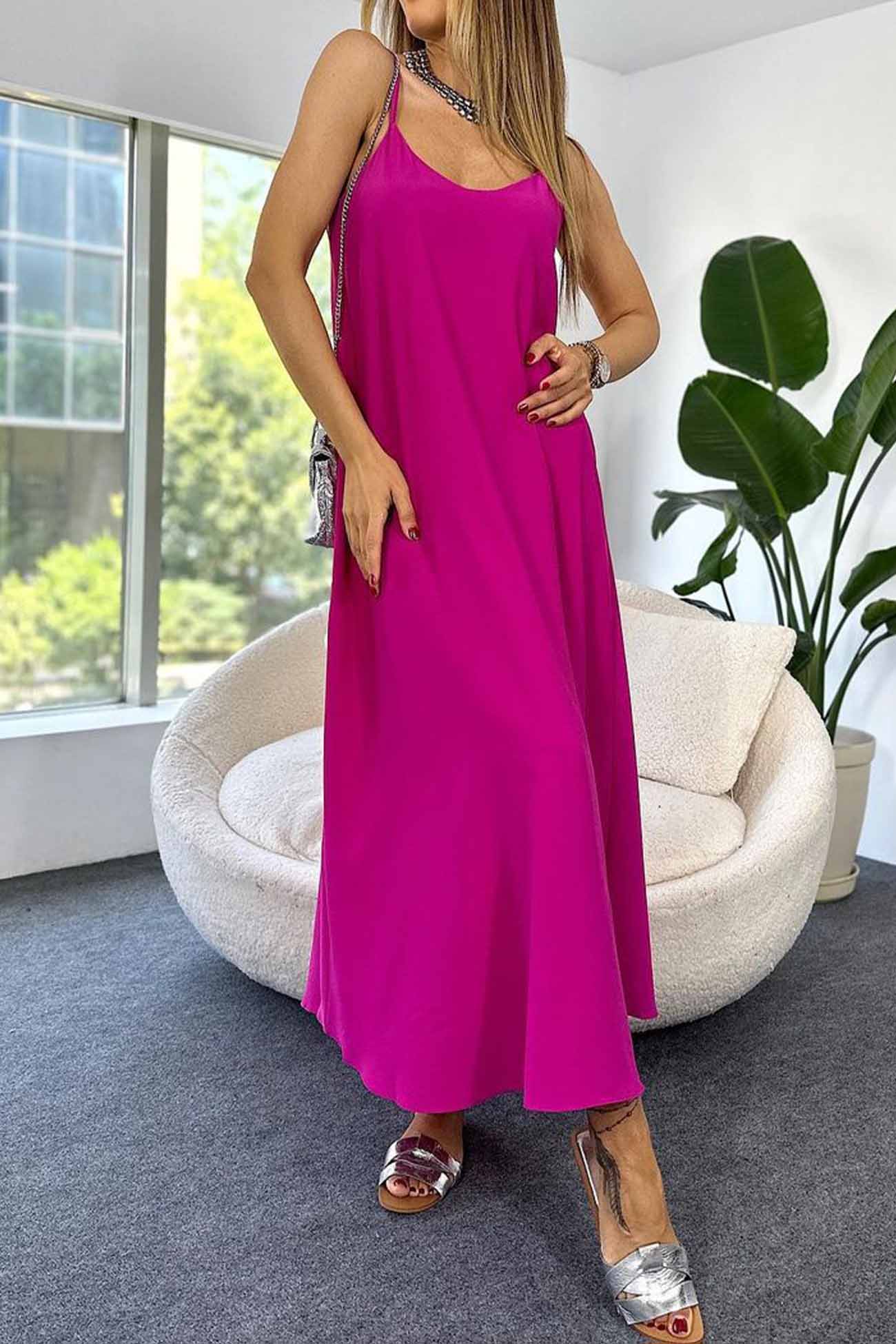 Solid Color A-Line Sleeveless Midi Dress