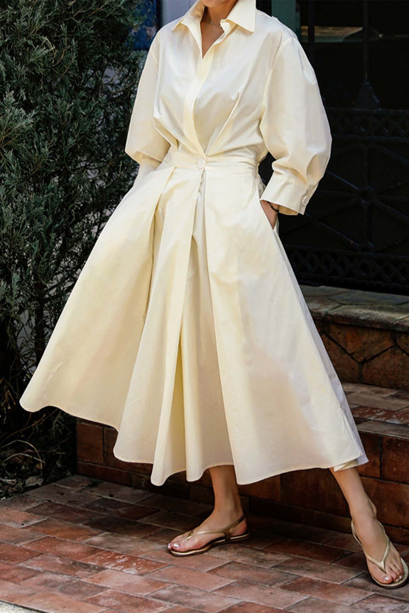 Cotton Long Sleeve A-Line Shirt Midi Dress