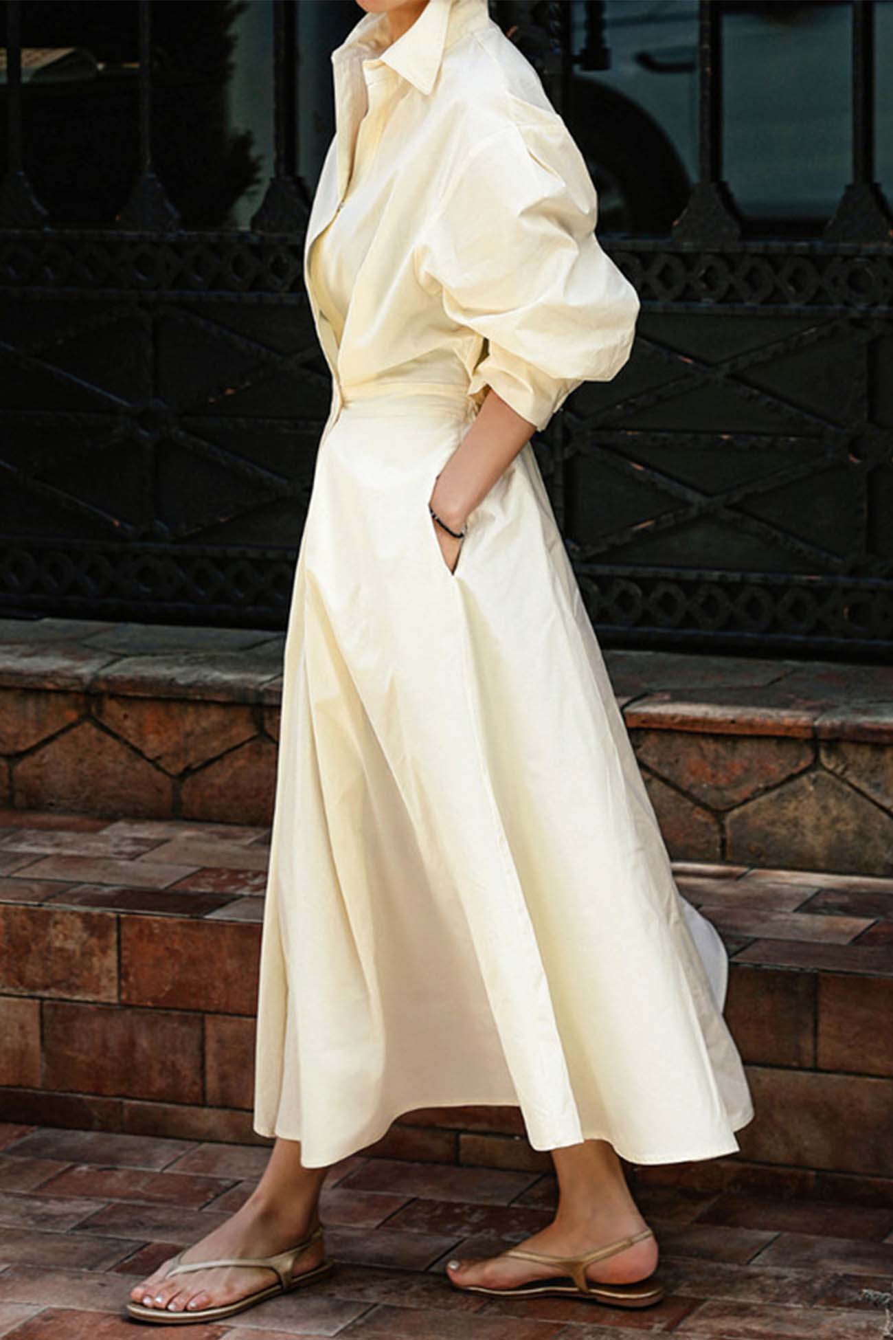 Cotton Long Sleeve A-Line Shirt Midi Dress