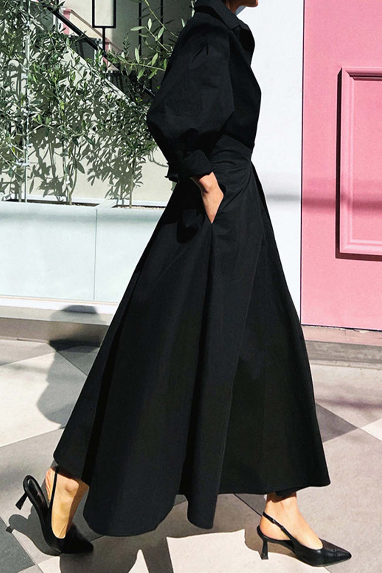 Cotton Long Sleeve A-Line Shirt Midi Dress