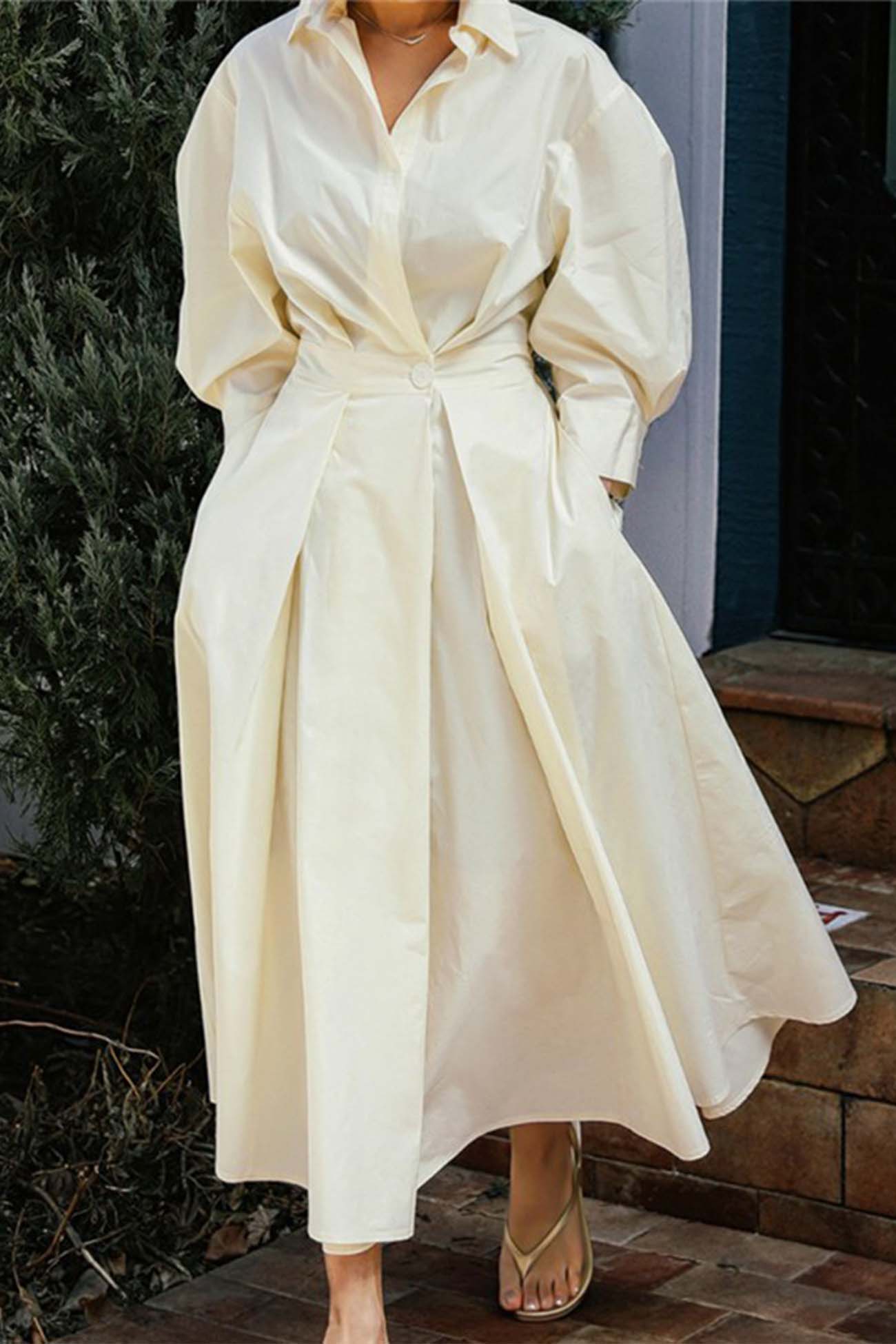 Cotton Long Sleeve A-Line Shirt Midi Dress