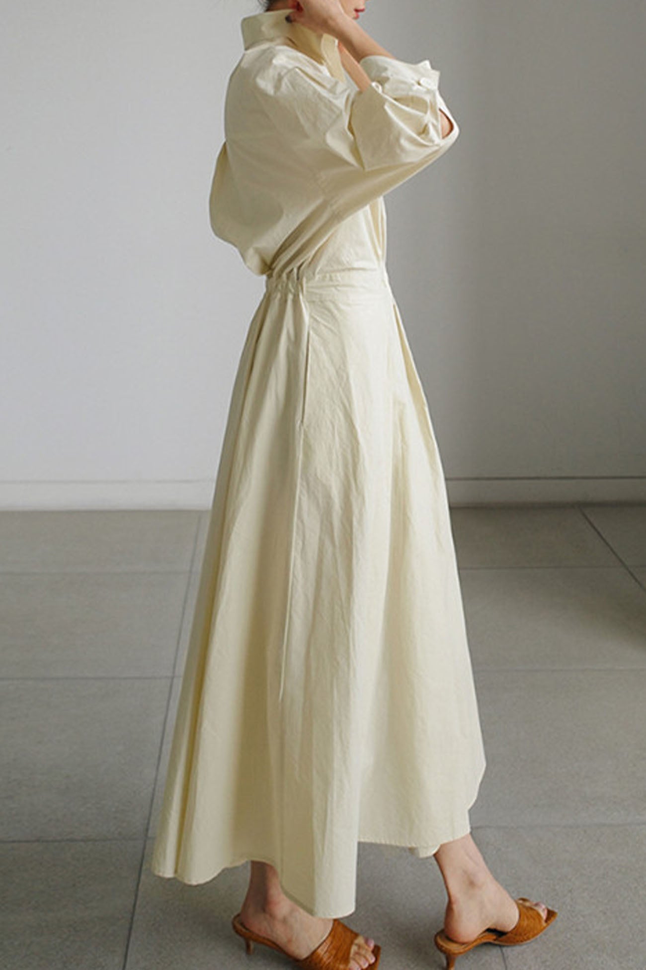 Cotton Long Sleeve A-Line Shirt Midi Dress