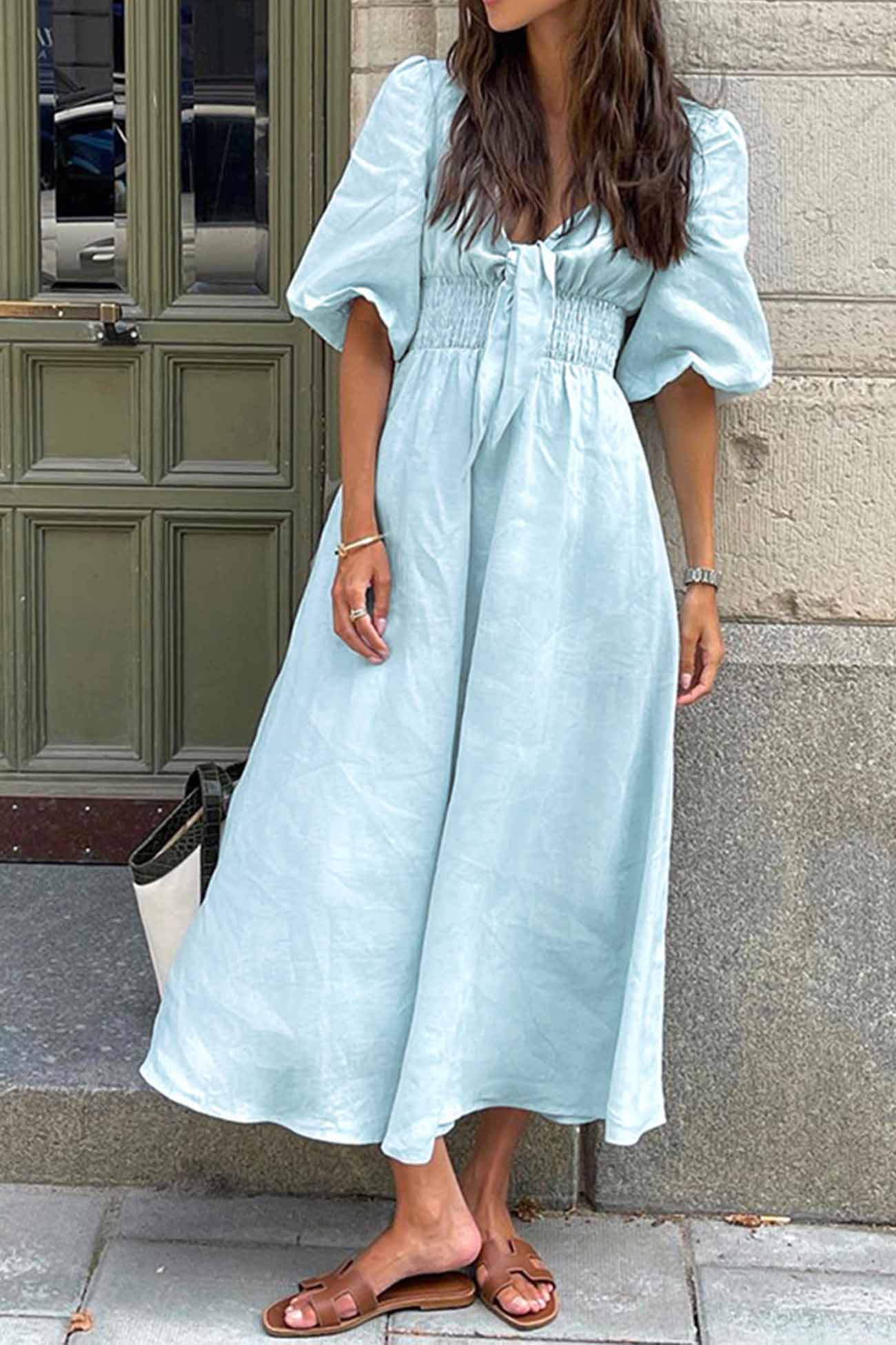 Solid Color Puff Sleeve Knot Midi Dress