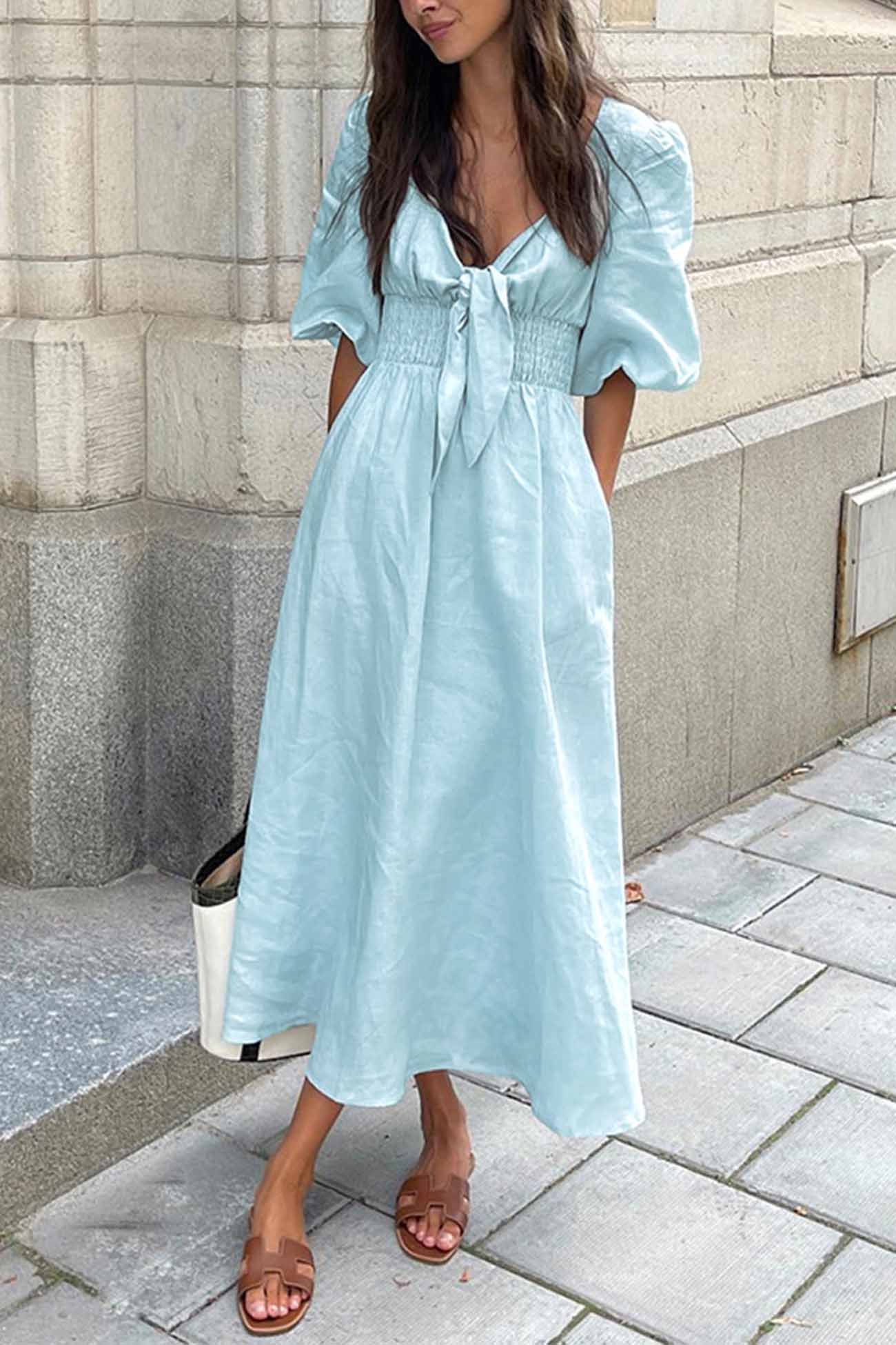 Solid Color Puff Sleeve Knot Midi Dress
