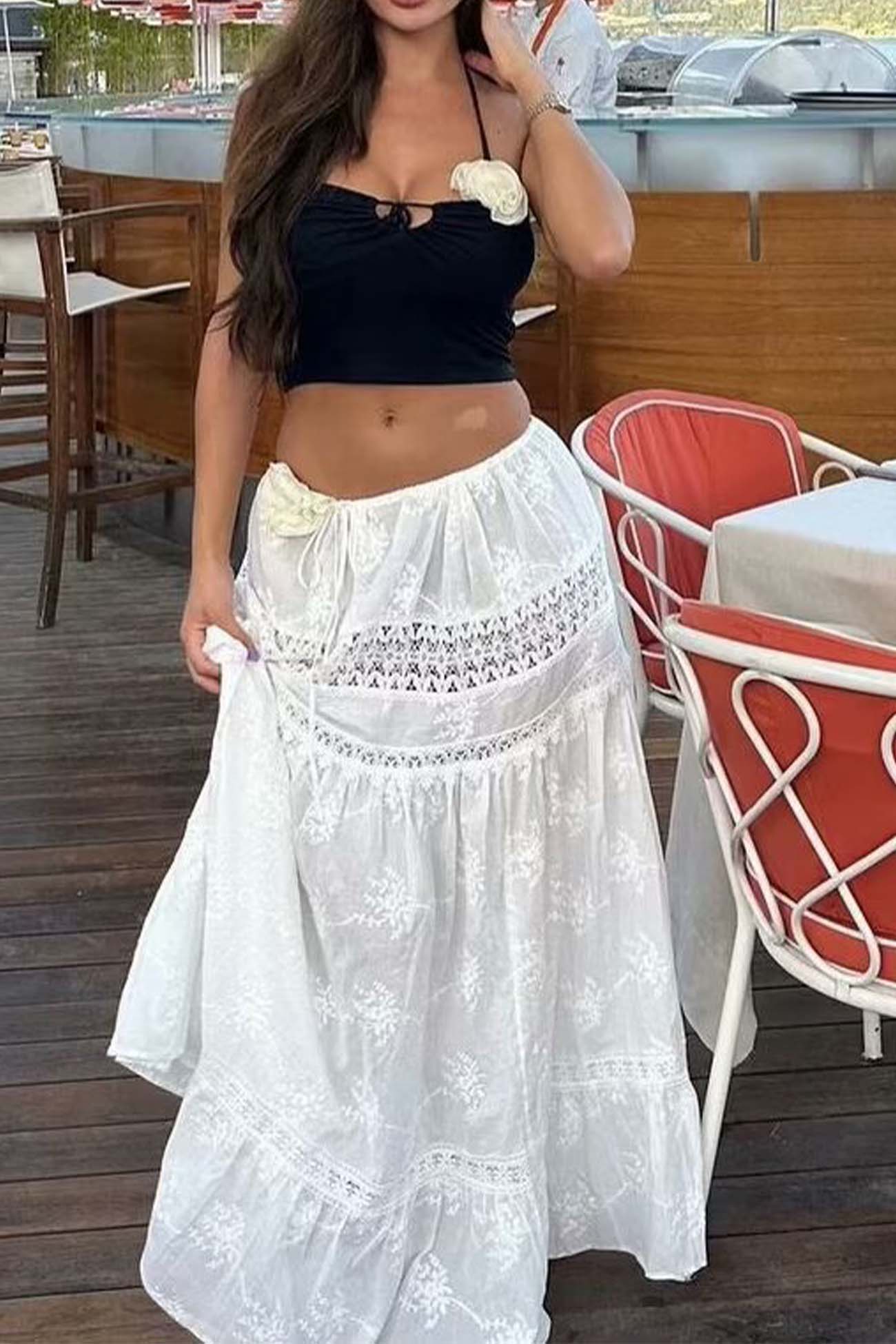 Solid Lace Crop Top Cutout Maxi Skirt Set