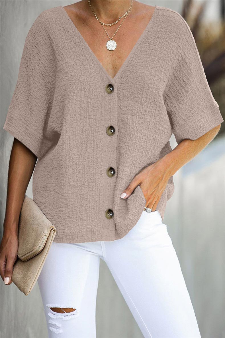 Solid V-neck Button-up Cotton Shirt - Fashionpara