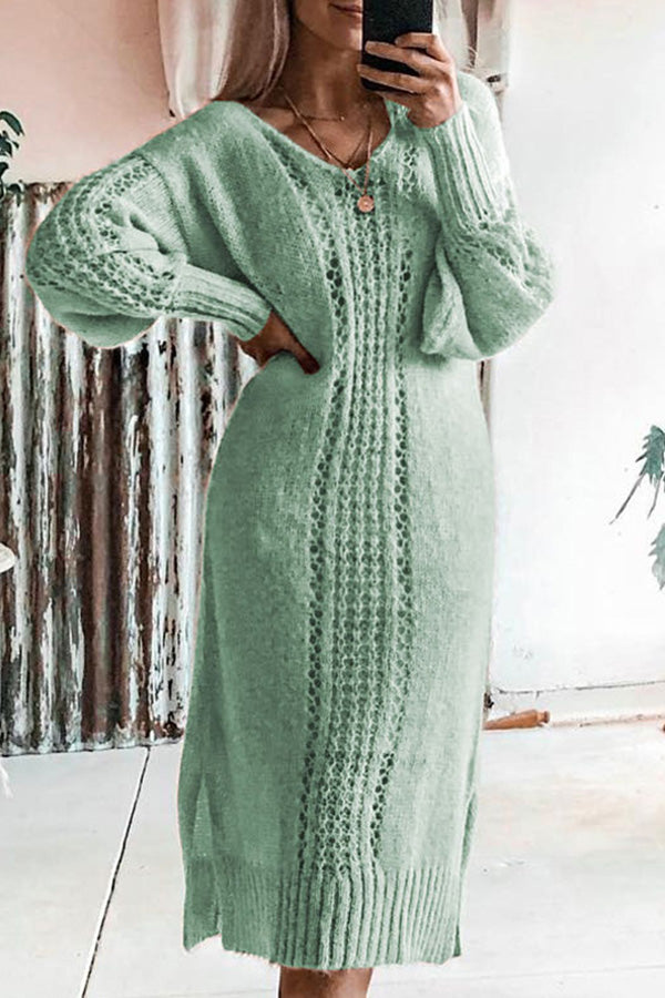 Solid Color V-neck Slit Sweater Dress - Mislish