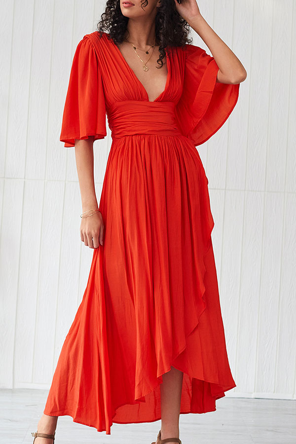 Plain V-neck Shirred Long Dress - Mislish
