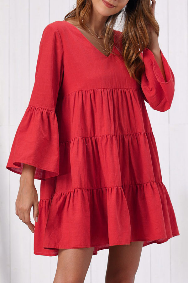 V-neck Ruffled Short Swing Dress - Mislish