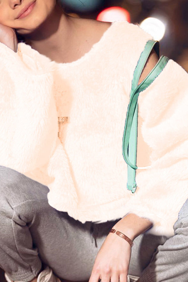 Solid Zipper Puffy Cropped Sweatshirt - Fashionpara