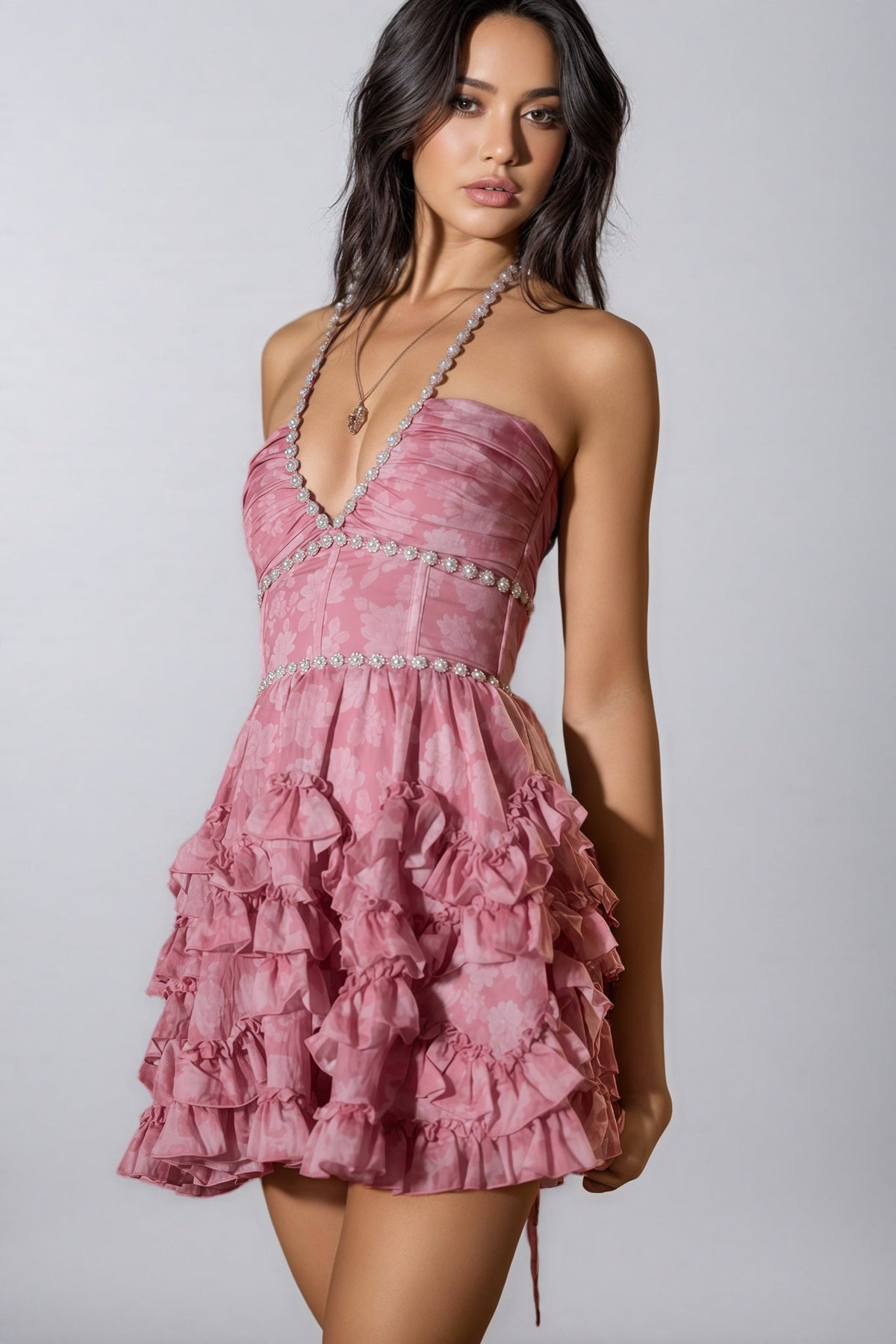 Pearl Trim Halter Neck Corset Bodice Tiered Ruffle Mini Dress