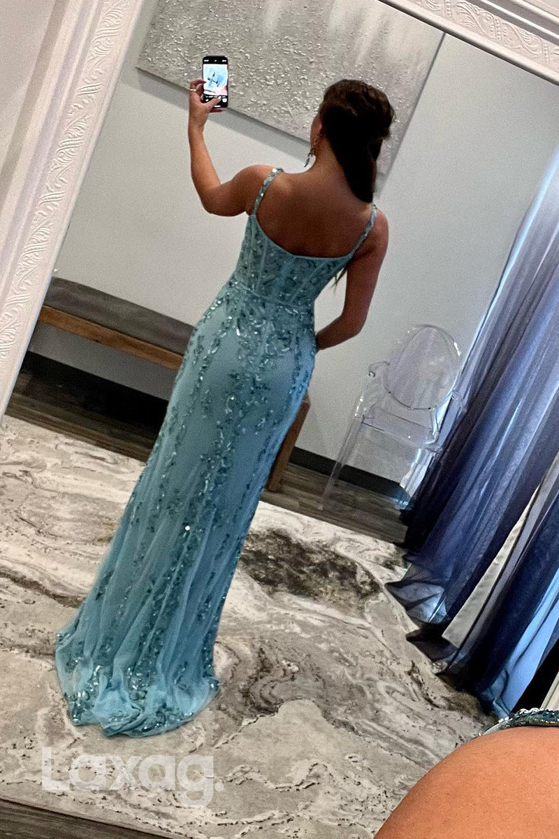 22295 - Spaghetti Straps Appliques High Slit Party Prom Formal Evening Dress - Fashionpara