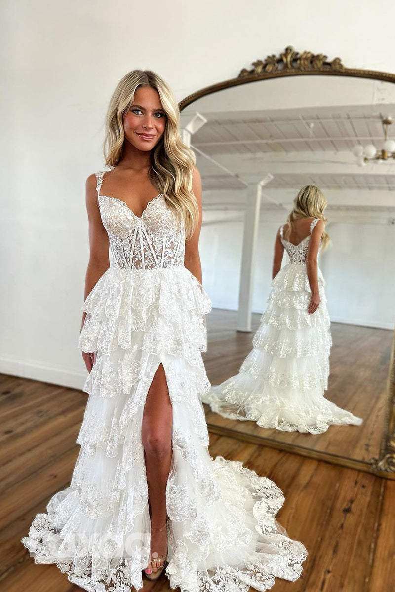 22298 - Spaghetti Straps Appliques Lace Party Prom Formal Evening Dress with Slit - Fashionpara