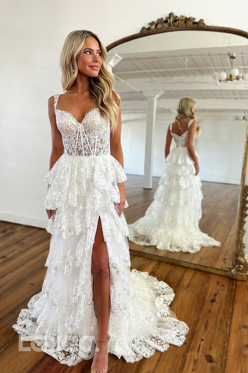 22298 - Spaghetti Straps Appliques Lace Party Prom Formal Evening Dress with Slit - Fashionpara