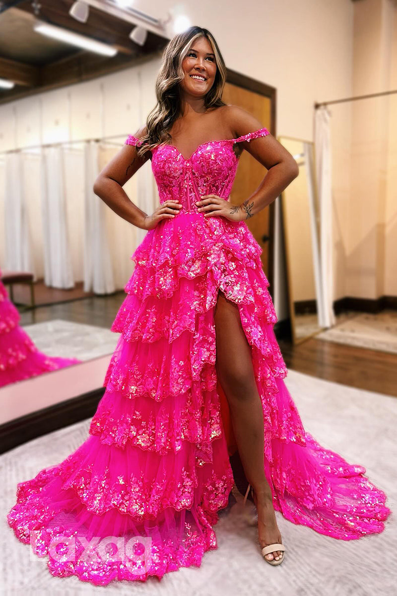 22298 - Spaghetti Straps Appliques Lace Party Prom Formal Evening Dress with Slit - Fashionpara