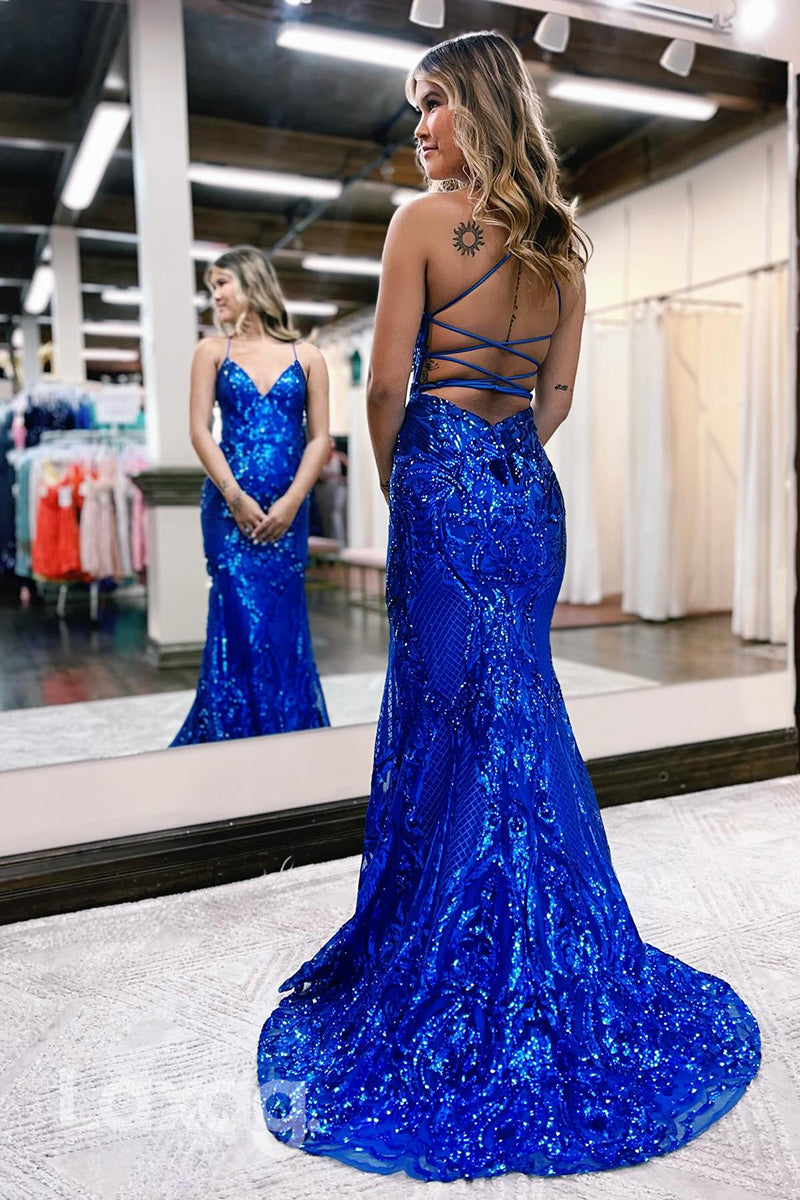 22245 - Spaghetti Straps Backless Appliques Mermaid Party Prom Formal Evening Dress - Fashionpara