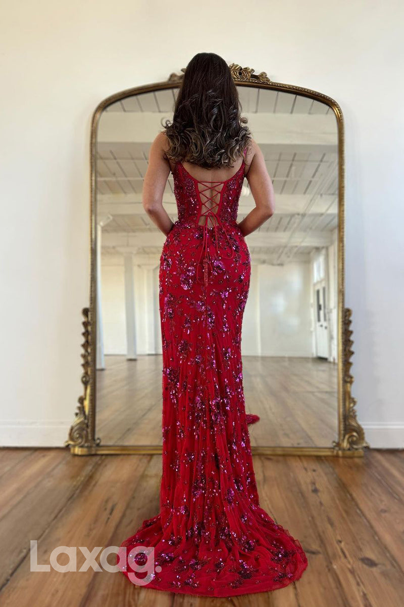 22323 - Spaghetti Straps Backless Beaded Sequins High Slit Mermaid Prom Dress - Fashionpara