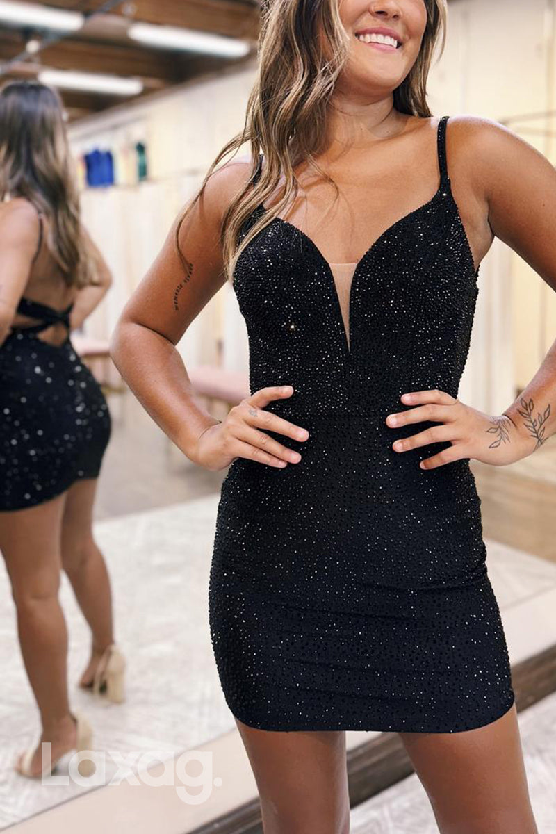 22762 - Spaghetti Straps Backless Cutout Fully Rainstone Party Homecoming Dress - Fashionpara