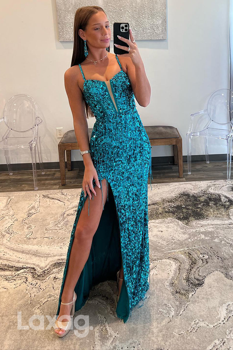 22268 - Spaghetti Straps Backless Fully Sequins High Slit Party Prom Formal Evening Dress - Fashionpara