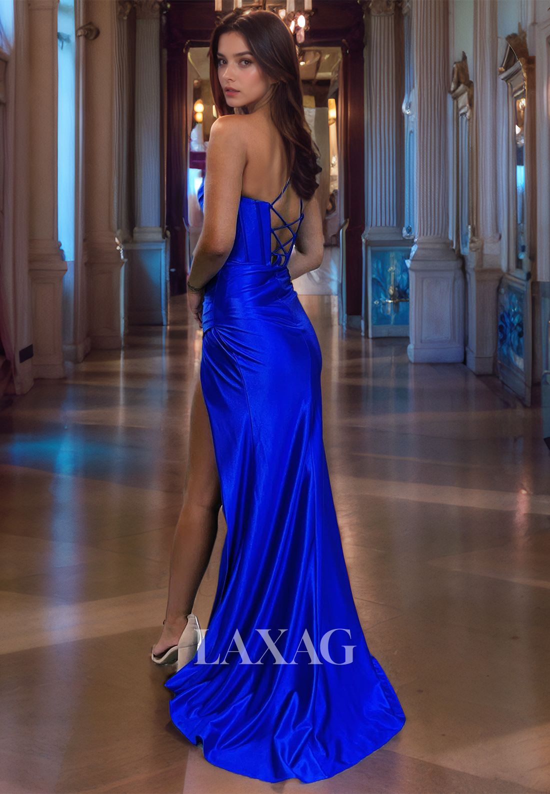 Spaghetti Straps Backless High Slit Satin Party Gowns Sweetheart Off-Shoulder Pleated Prom Dress