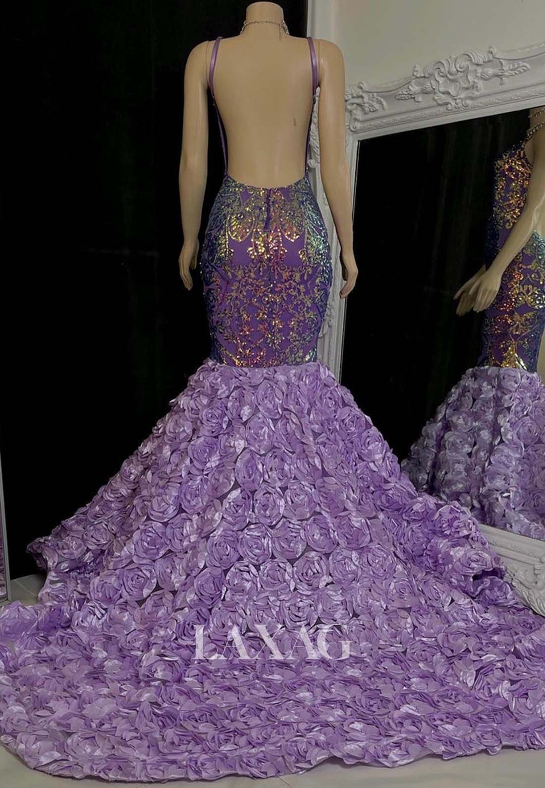 Spaghetti Straps V-Neck Sleeveless Backless Sequins Appliques Mermaid Prom Dress for Black Girl Slay