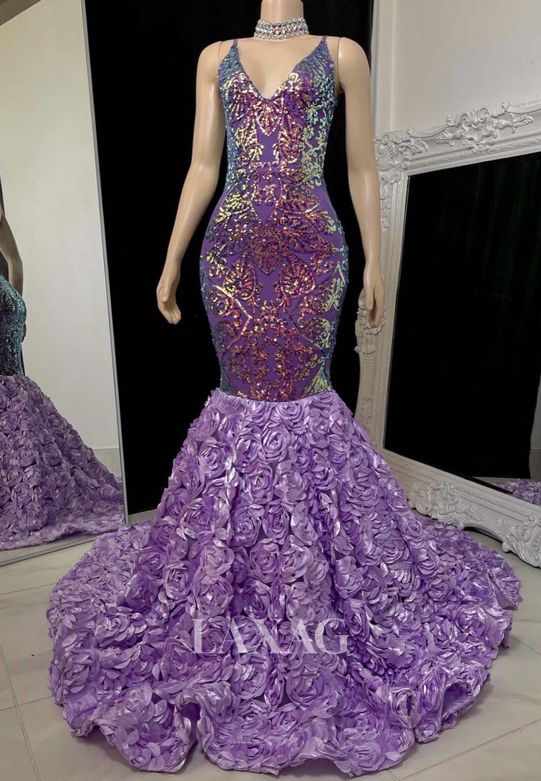 Spaghetti Straps V-Neck Sleeveless Backless Sequins Appliques Mermaid Prom Dress for Black Girl Slay
