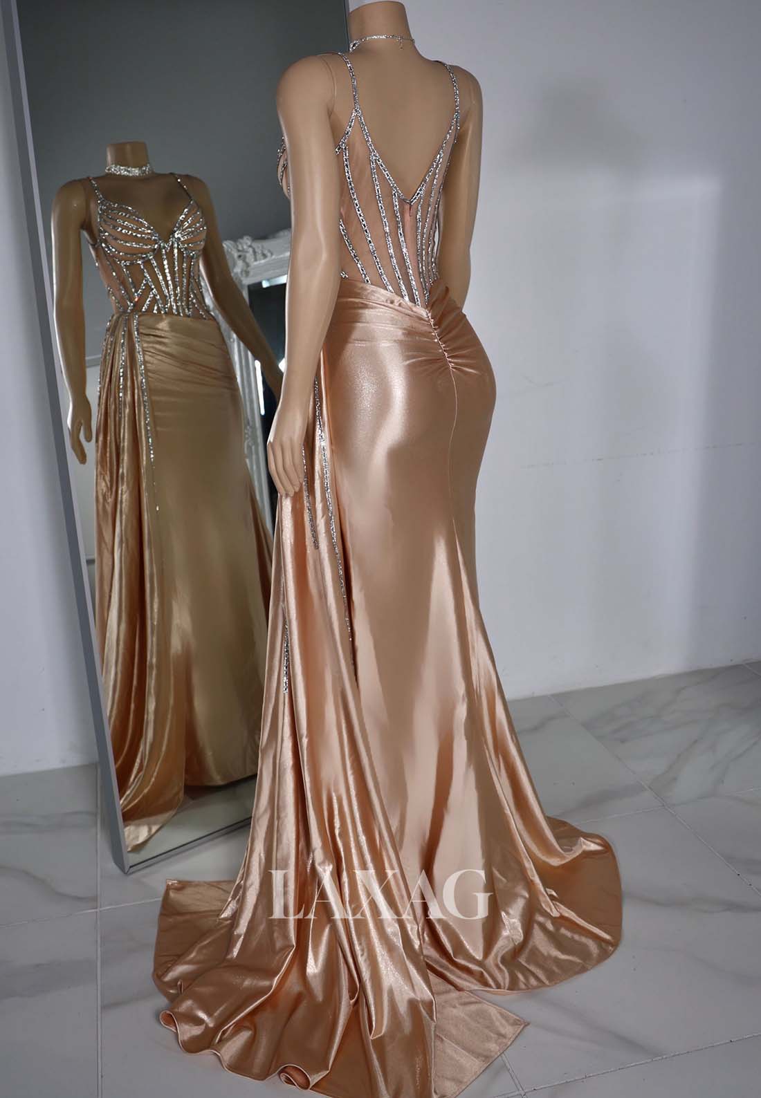 Spaghetti Straps Beaded Mermaid Prom Dress Off-Shoulder Sleeveless Pleated Formal Gowns with Train