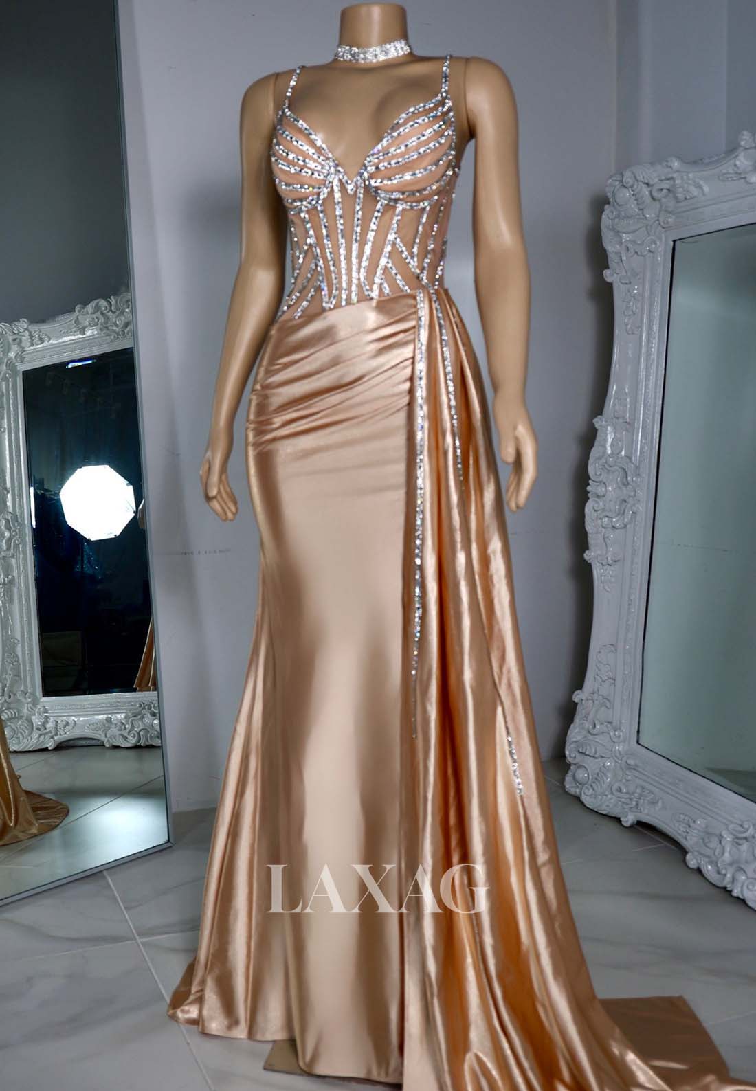 Spaghetti Straps Beaded Mermaid Prom Dress Off-Shoulder Sleeveless Pleated Formal Gowns with Train