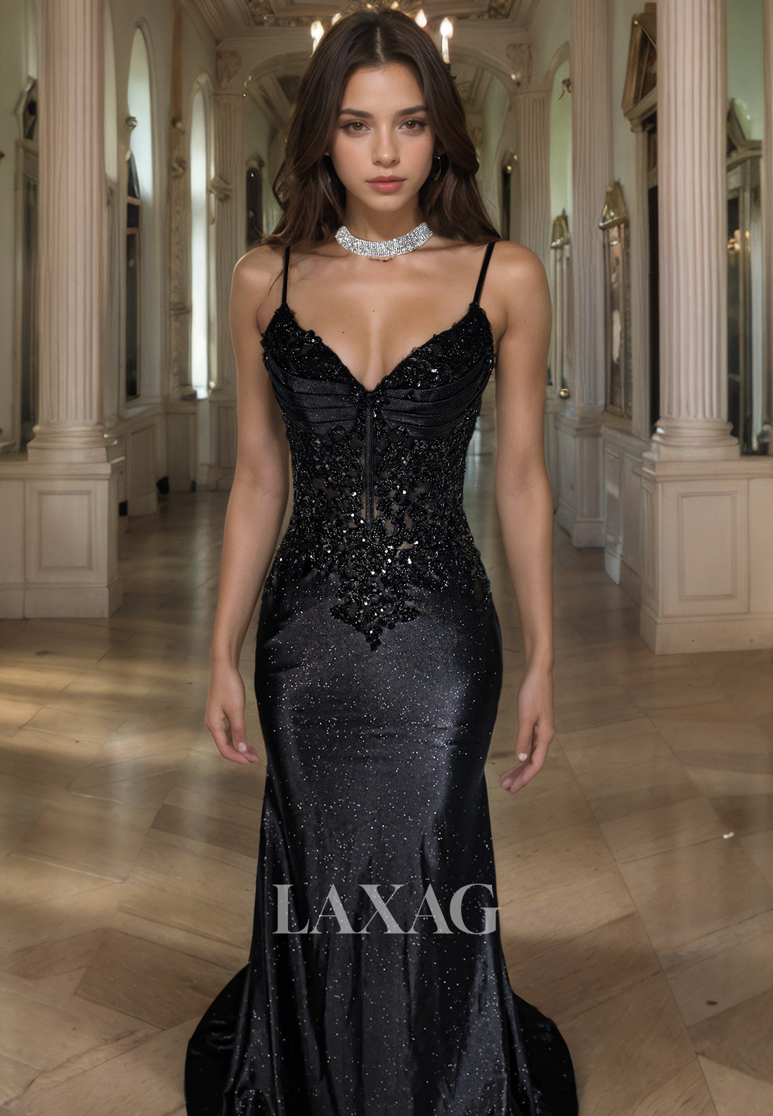 22539 - Spaghetti Straps V-Neck Beaded Mermaid Prom Dresses for Black Girl Slay - Fashionpara