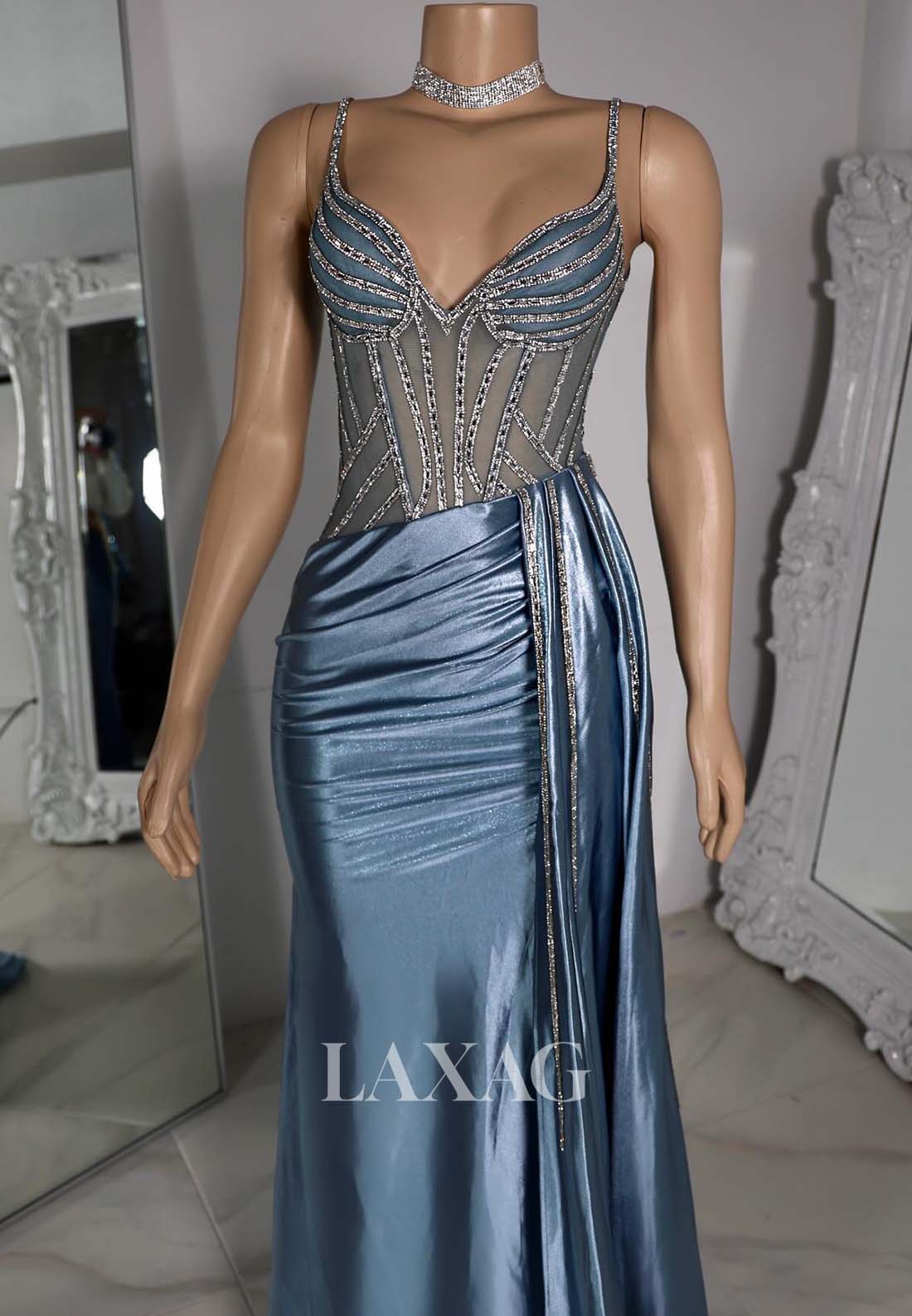 Spaghetti Straps Beaded Mermaid Prom Dress Off-Shoulder Sleeveless Pleated Formal Gowns with Train