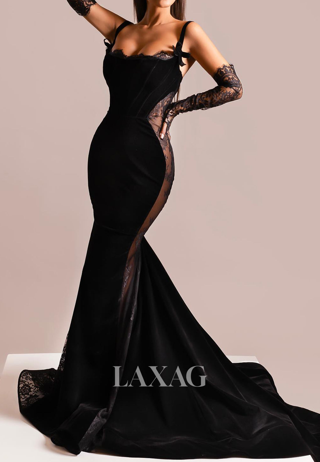 Spaghetti Straps Lace illusion Sleek Satin Mermaid Prom Dress Pleated Sheer Sweep Train Party Gowns