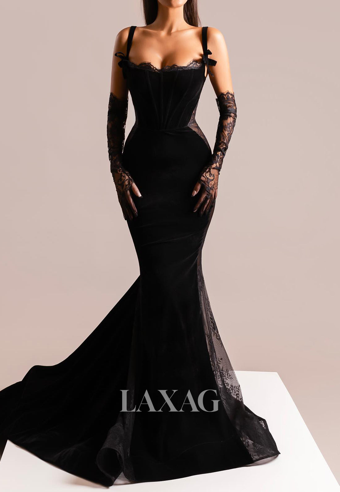 Spaghetti Straps Lace illusion Sleek Satin Mermaid Prom Dress Pleated Sheer Sweep Train Party Gowns