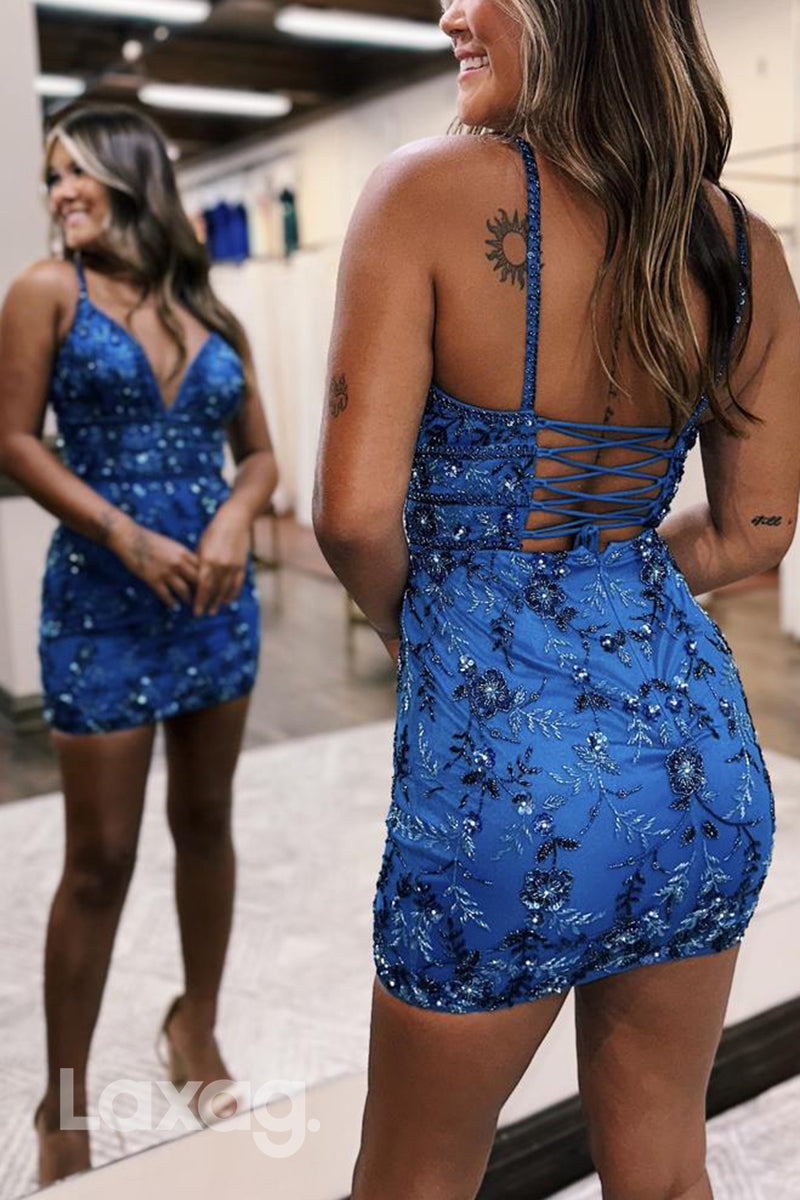 22768 - Spaghetti Straps V-Neck Backless Beaded Fitted Party Homecoming Dress - Fashionpara