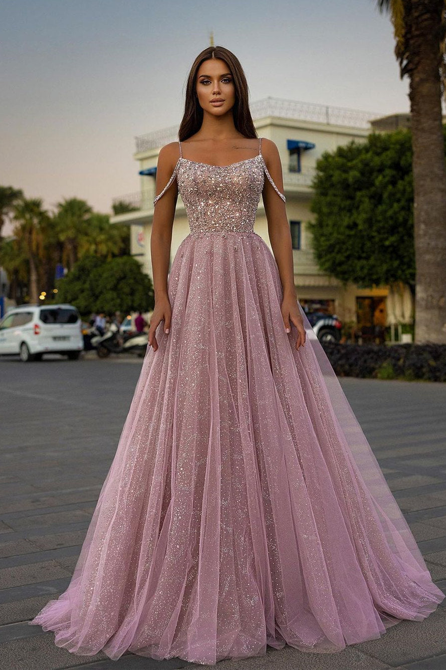 Sparkly Aline Spaghetti Strapes Floor-Length Prom Evening Dresses