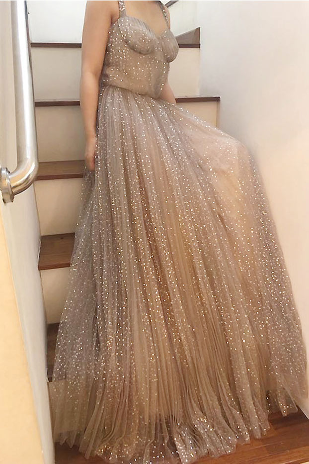 Glitter Tulle Sweetheart Spaghetti-Strap A-Line Gown