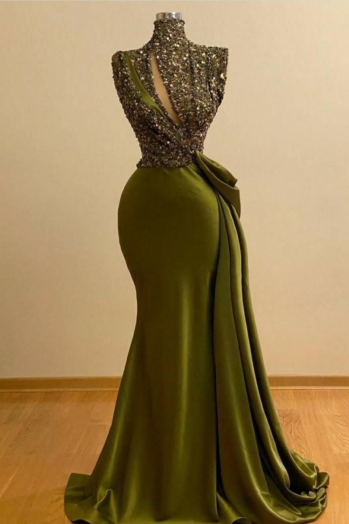 Sparkly Green Sequins High Neck Sleeveless Mermaid Prom Evening Dresses