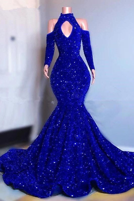 Sparkly Long Sleeves Mermaid Floor-Length Prom Evening Dresses