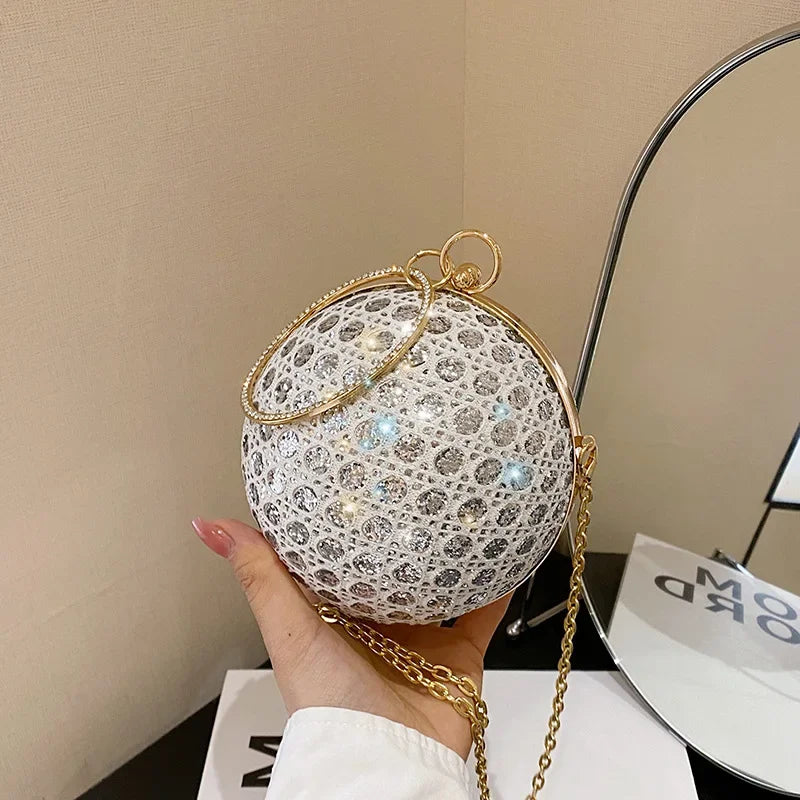 Sparkly Round Shiny Diamond Evening Shoulder Clutch Bag