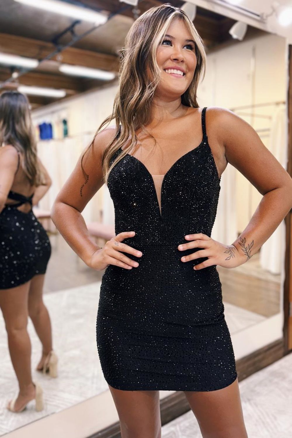 Sparkly Black Spaghetti Straps Bodycon Short Beaded Homecoming Dress - Fashionpara