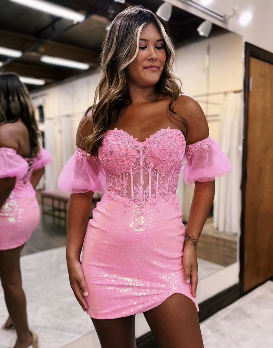 Sparkly Bodycon Lace And Sequin Homecoming Dress with Detachable Sleeves - Fashionpara