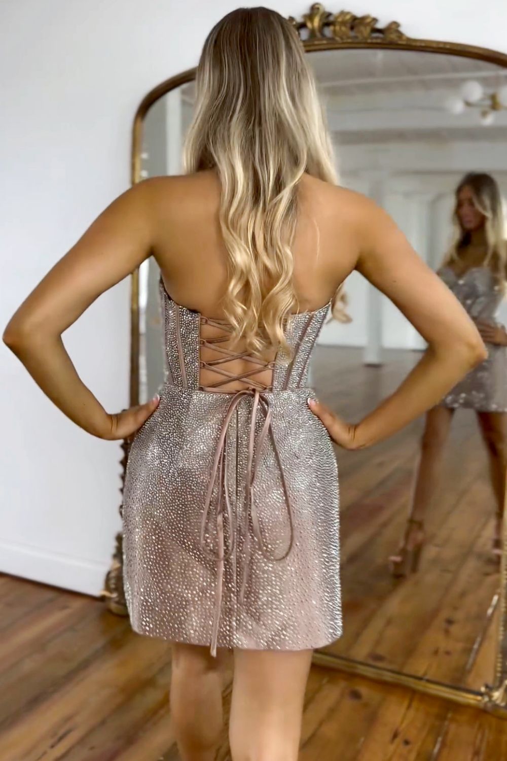 Sparkly Champagne Bodycon Cutout Waist Lace Up Short Beaded Homecoming Dress - Fashionpara