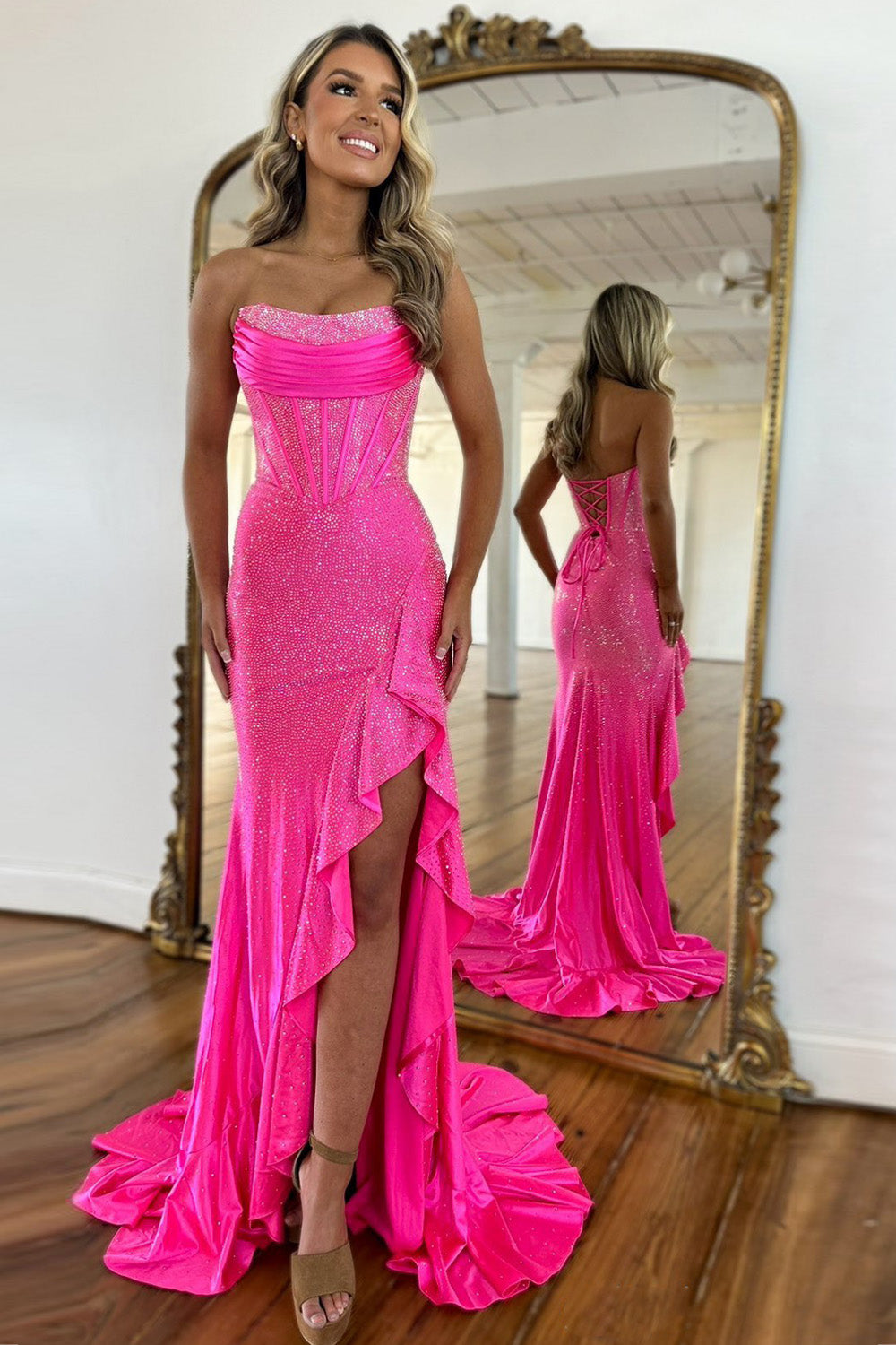Light Blue Mermaid Strapless Lace Up Long Beaded Prom Dress with Leg Slit - Fashionpara
