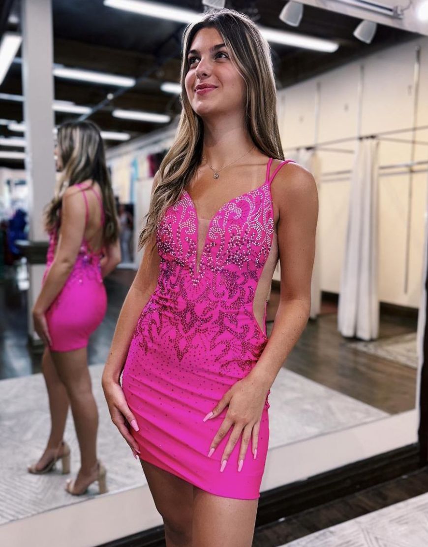 Sparkly Hot Pink Tight Short Glitter Homecoming Dress - Fashionpara