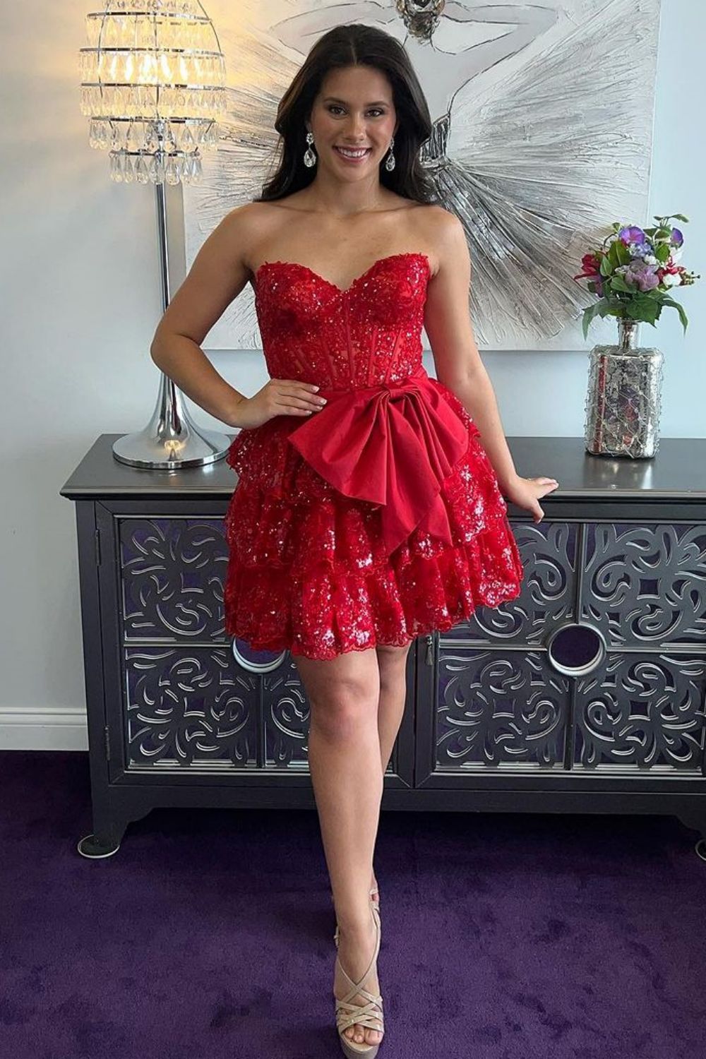 Sparkly Red A-Line Sweetheart Tiered Homecoming Dress With Bowknot - Fashionpara