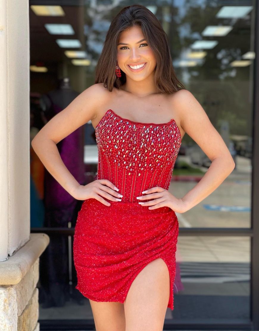 Sparkly Red Strapless Short Homecoming Dress With Split - Fashionpara